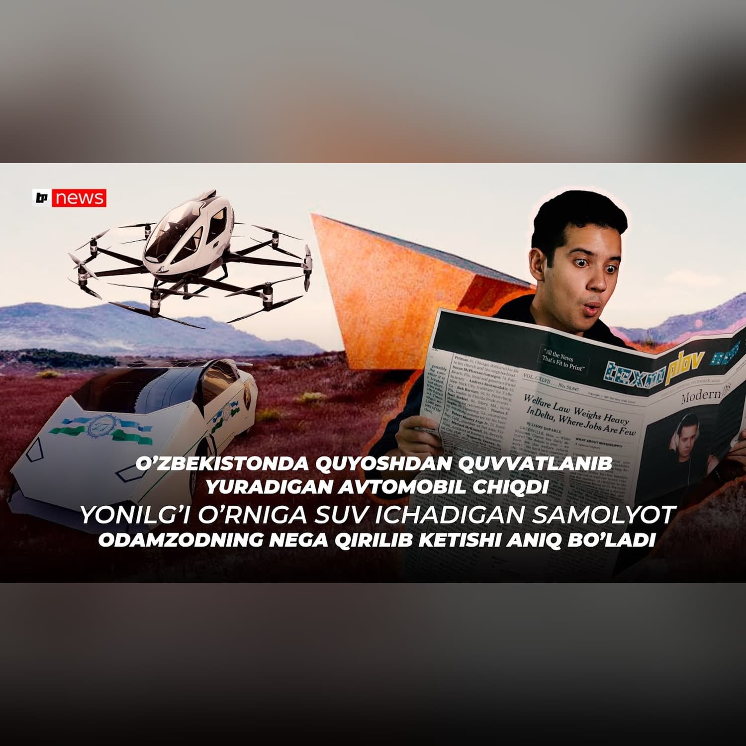 Uchadigan taxi, quyoshdan ishlaydigan elektromobil, kiber ko'z linzasi, cybertruck | Texnoplov news